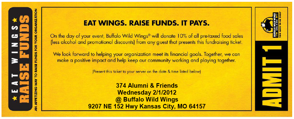 Coupon for Buffalo Wild Wings.
                                Sales proceeds benefit 374 Alumni and
                                Friends